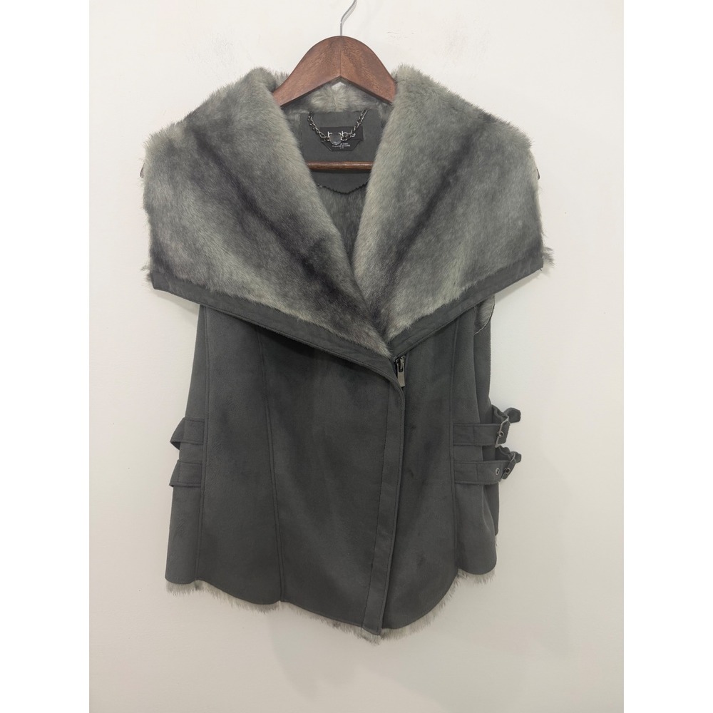 Bebe Faux Suede Fur Vest Gray Asymmetrical Zip Moto Buckle Large